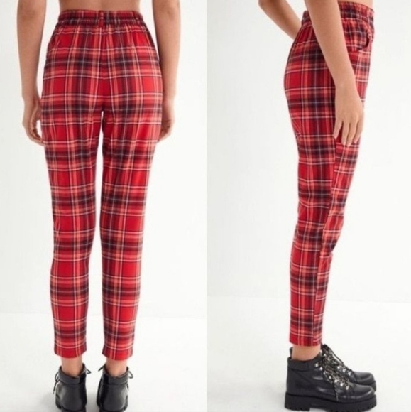 ❤️ Urban Outfitters Red Plaid Tapered Mom Pants Elastic Waist XS / 0–2 - Picture 3 of 13